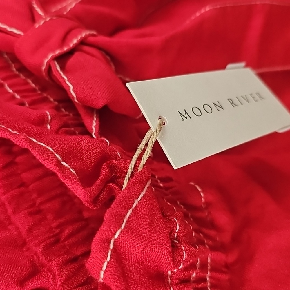 NWT Moon River Womens Red Wide Leg Pants Size M Cotton Linen Paperbag Waist - Picture 3 of 4